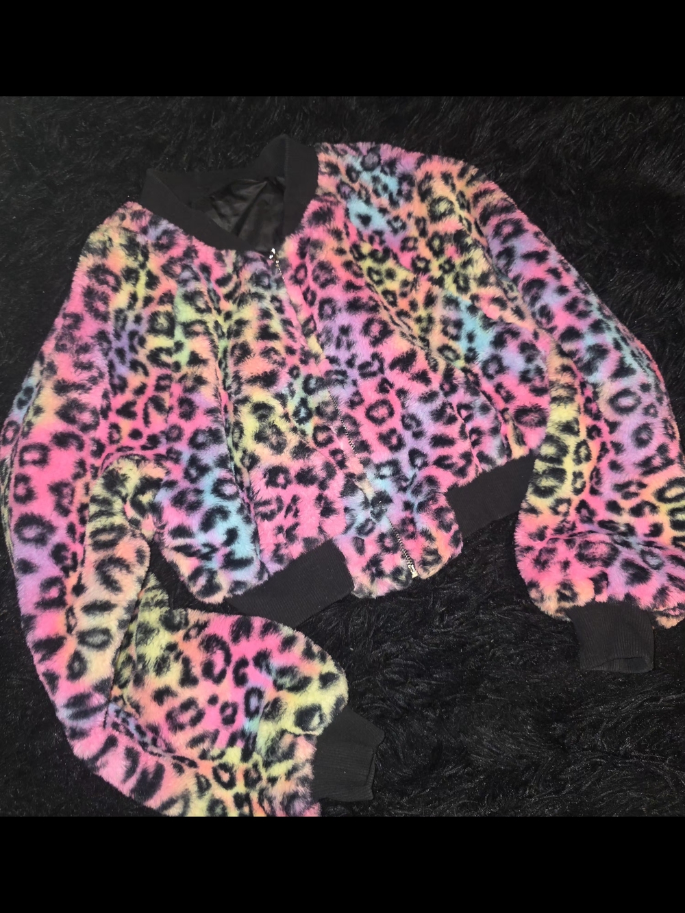 Shein leopard Lisa Frank Like Colorful Rainbow Leopard Faux Fur Bomber Jacket